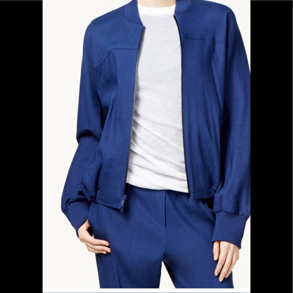 DKNY Womens Blue Drawstring Zip Neck Bomber Jacket Size: M